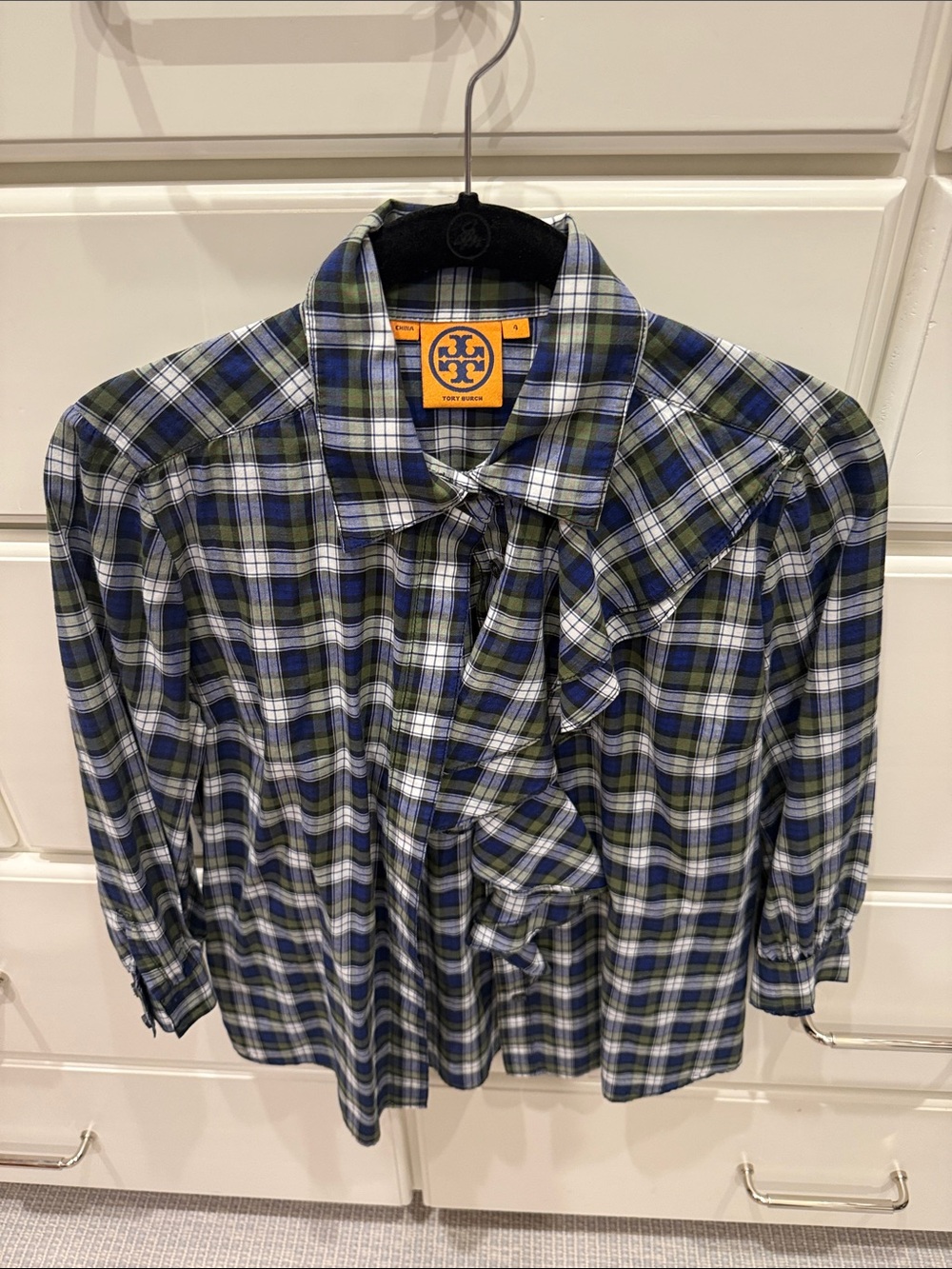 Tory Burch Blue and Green Plaid Ruffle-Front Blouse
